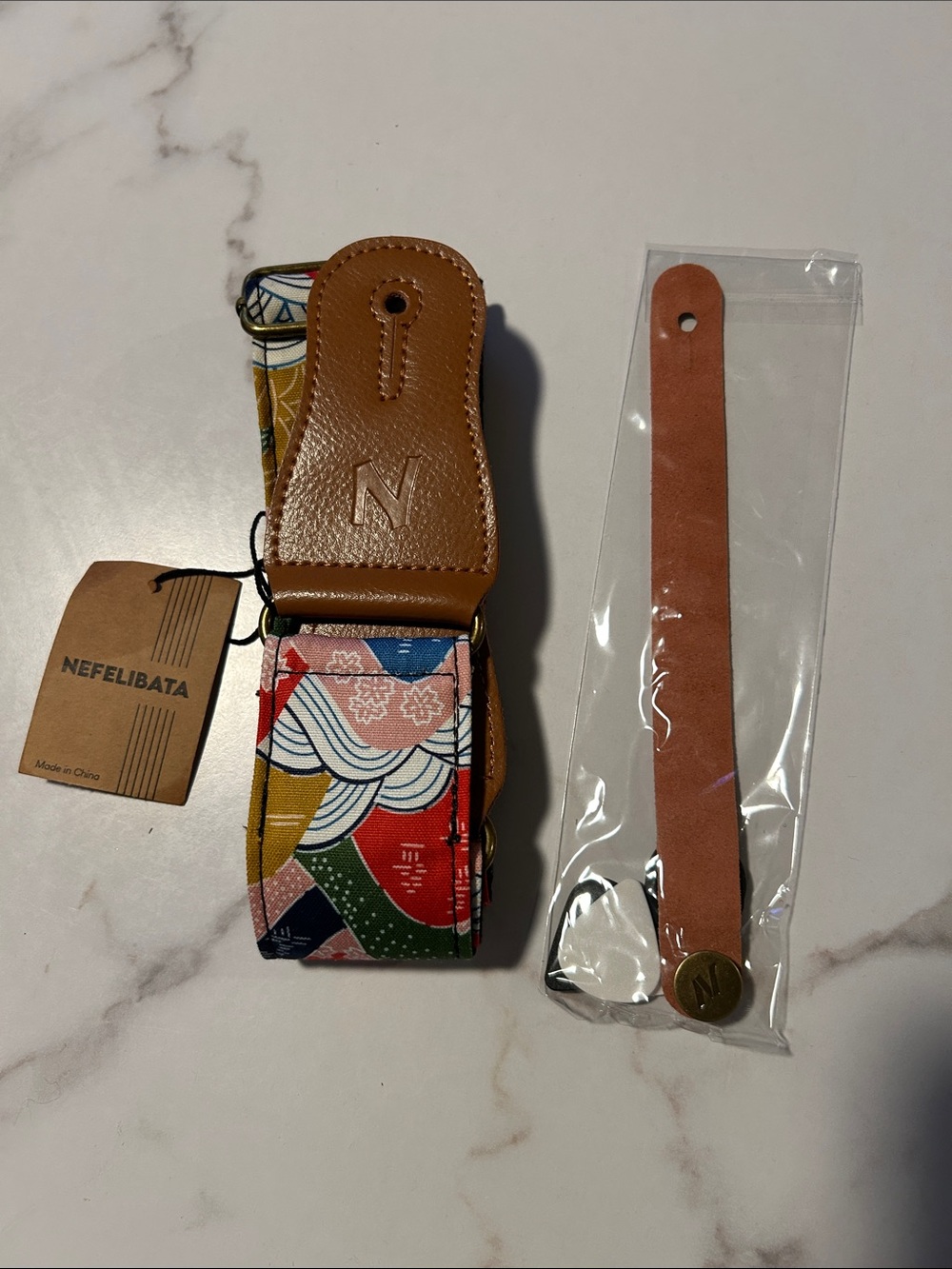 Multicolor Patterned Camera Strap with Tan Leather Accents